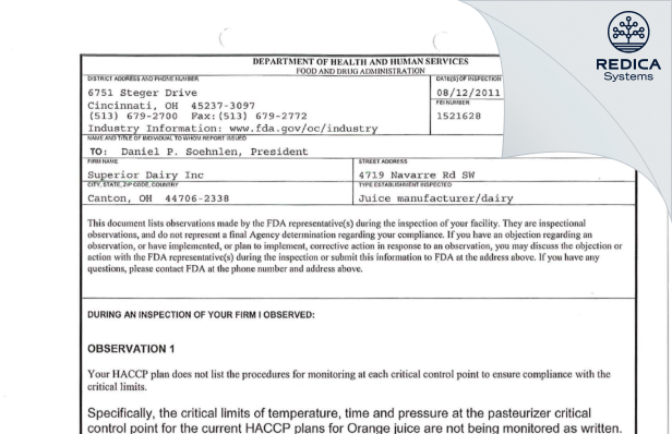 FDA 483 - Superior Dairy Inc [Canton / United States of America] - Download PDF - Redica Systems