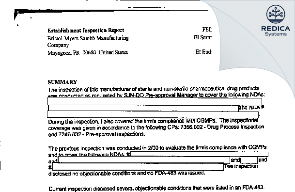 EIR - Bristol-Myers Squibb Manufacturing Company [Mayaguez / United States of America] - Download PDF - Redica Systems