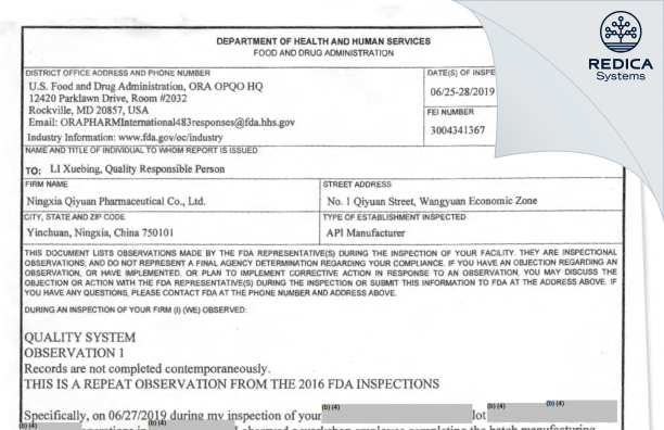 FDA 483 - Ningxia Qiyuan Pharmaceutical Co., Ltd. [China / China] - Download PDF - Redica Systems