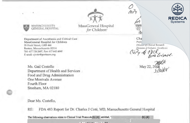 FDA 483 Response - Charles J. Cote, MD [Boston / United States of America] - Download PDF - Redica Systems