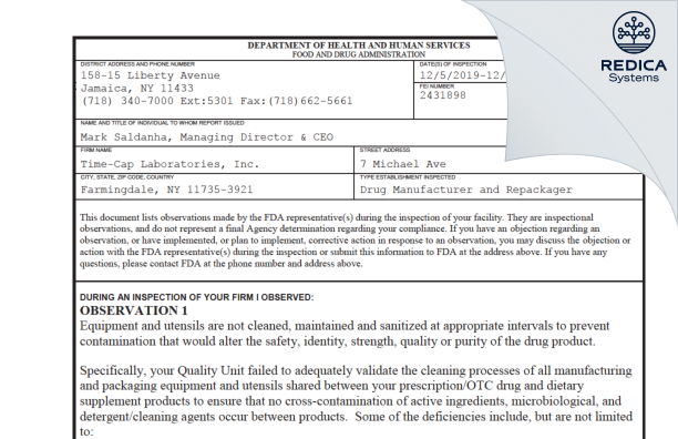 FDA 483 - TIME CAP LABORATORIES, INC [Farmingdale / United States of America] - Download PDF - Redica Systems
