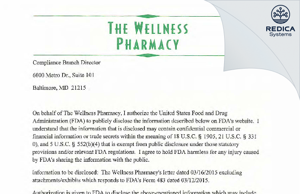 FDA 483 Response - The Wellness Pharmacy [Winchester / United States of America] - Download PDF - Redica Systems