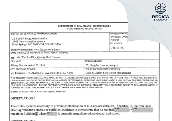 FDA 483 - ILDONG PHARMACEUTICAL Co., Ltd. [- / -] - Download PDF - Redica Systems