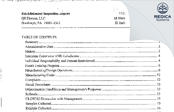 EIR - Quotient Sciences - Philadelphia, LLC [Boothwyn Pennsylvania / United States of America] - Download PDF - Redica Systems