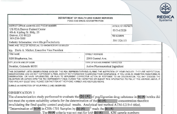 FDA 483 - KBI Biopharma, Inc. [Boulder / United States of America] - Download PDF - Redica Systems