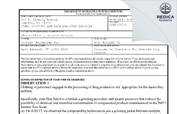 FDA 483 - Buffalo Pharmacies Inc [Amherst / United States of America] - Download PDF - Redica Systems