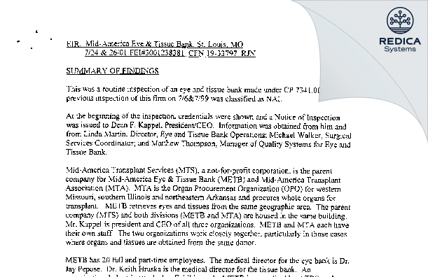 EIR - Mid-America Transplant Services [Saint Louis / United States of America] - Download PDF - Redica Systems