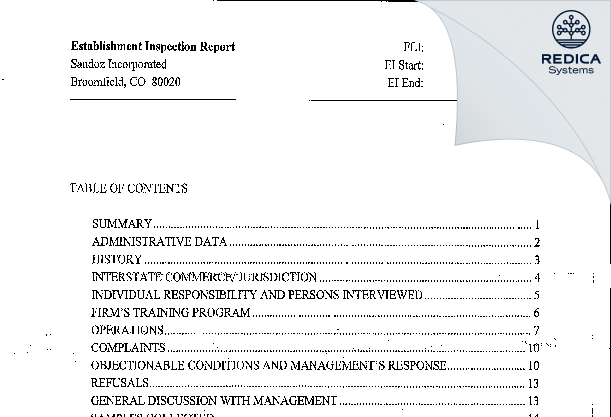 EIR - Sandoz Incorporated [Broomfield / United States of America] - Download PDF - Redica Systems