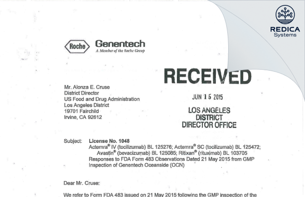 FDA 483 Response - Genentech, Inc. [Oceanside / United States of America] - Download PDF - Redica Systems