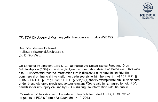 FDA 483 Response - Foundation Care LLC [Earth City / United States of America] - Download PDF - Redica Systems