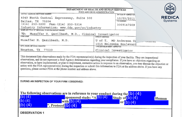 FDA 483 - Muzaffar H. Qazilbash, M.D. [Houston / United States of America] - Download PDF - Redica Systems