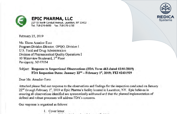 FDA 483 Response - Epic Pharma, LLC [New York / United States of America] - Download PDF - Redica Systems