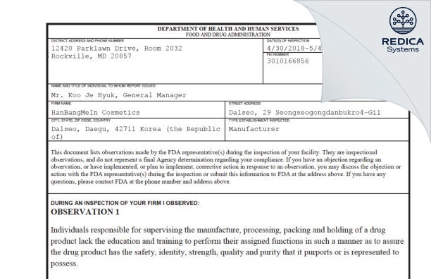 FDA 483 - Hanbangmein Cosmetics HBMIC [Korea South / Korea (Republic of)] - Download PDF - Redica Systems