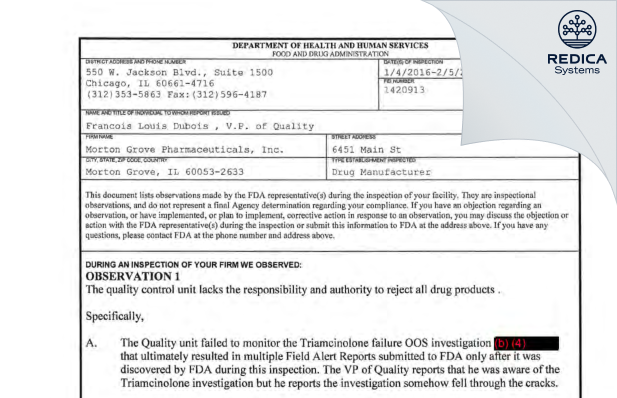 FDA 483 - Morton Grove Pharmaceuticals, Inc. [Morton Grove / United States of America] - Download PDF - Redica Systems