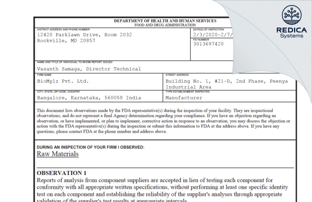FDA 483 - BioMylz Pvt. Ltd. [India / India] - Download PDF - Redica Systems