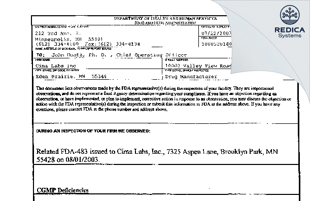 FDA 483 - Cima Labs, Inc. [Eden Prairie / United States of America] - Download PDF - Redica Systems