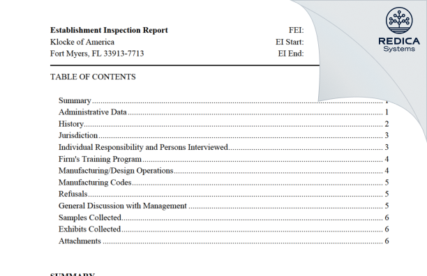 EIR - Klocke of America, Inc. [Fort Myers / United States of America] - Download PDF - Redica Systems