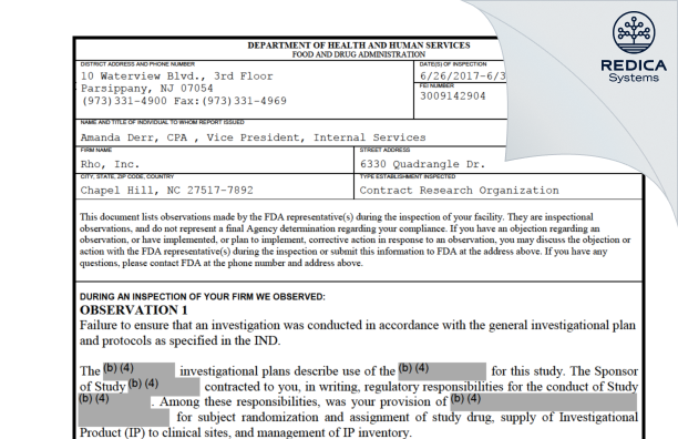FDA 483 - Rho, Inc. [Chapel Hill / United States of America] - Download PDF - Redica Systems