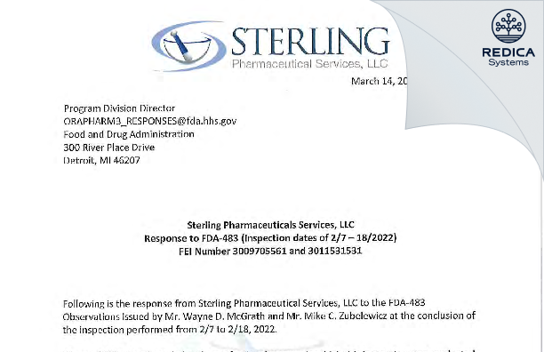 FDA 483 Response - Sterling Pharmaceutical Services, LLC [Dupo / United States of America] - Download PDF - Redica Systems