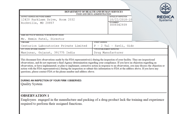 FDA 483 - Centurion Laboratories Private Limited [- / India] - Download PDF - Redica Systems