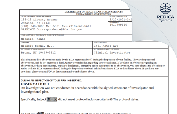 FDA 483 - Michele Nanna, M.D. [Bronx / United States of America] - Download PDF - Redica Systems