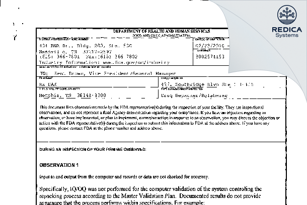 FDA 483 - McKesson Corporation dba RxPak [Memphis / United States of America] - Download PDF - Redica Systems