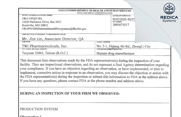 FDA 483 - TWi Pharmaceuticals, Inc. [Taipei City / Taiwan] - Download PDF - Redica Systems