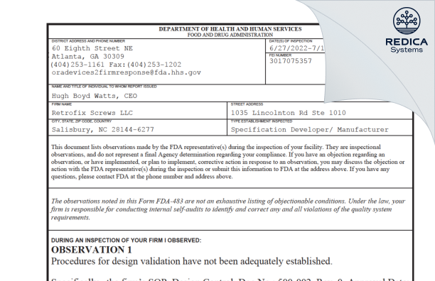FDA 483 - Retrofix Screws LLC [Salisbury / United States of America] - Download PDF - Redica Systems