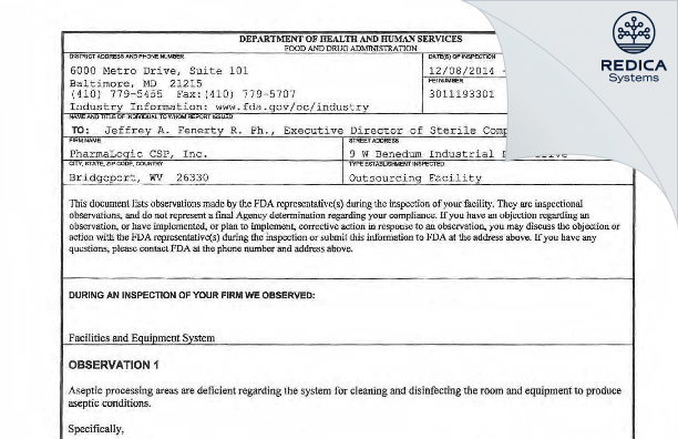 FDA 483 - PharmaLogic CSP, Inc. [Bridgeport / United States of America] - Download PDF - Redica Systems