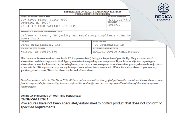 FDA 483 - DePuy Orthopaedics, Inc. [Warsaw / United States of America] - Download PDF - Redica Systems
