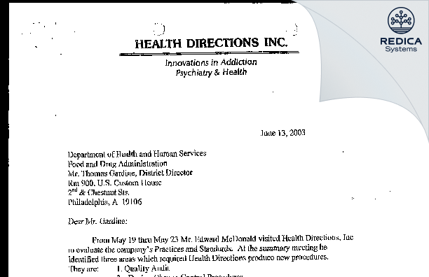 FDA 483 Response - Health Directions, Inc [Newtown / United States of America] - Download PDF - Redica Systems