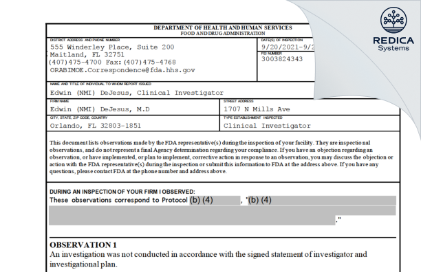 FDA 483 - Edwin (NMI) DeJesus, M.D [Orlando / United States of America] - Download PDF - Redica Systems