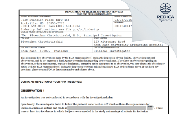 FDA 483 - Ploenchen Chetchotisakid [Khon Kaen / Thailand] - Download PDF - Redica Systems