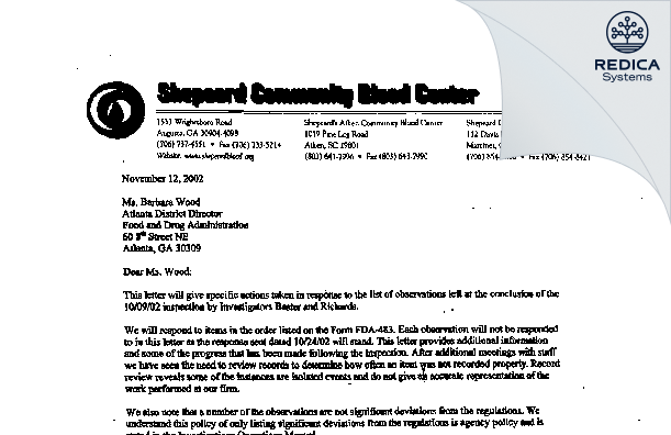 FDA 483 Response - Walter L. Shepeard Community Blood Center, Inc. [Augusta / United States of America] - Download PDF - Redica Systems