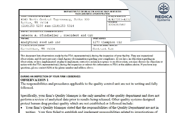 FDA 483 - Analytical Food Laboratories [Grand Prairie / United States of America] - Download PDF - Redica Systems