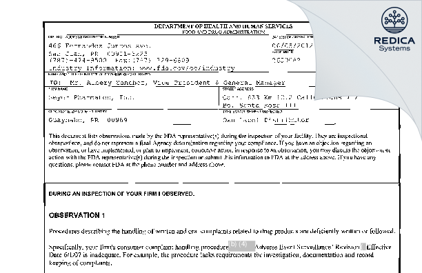 FDA 483 - Seyer Pharmatec, Inc. [Caguas / United States of America] - Download PDF - Redica Systems