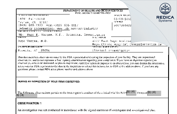 FDA 483 - Hugo Vargas, M.D. [Phoenix / United States of America] - Download PDF - Redica Systems