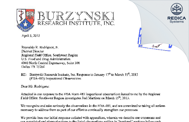 FDA 483 Response - Burzynski Research Institute [Houston / United States of America] - Download PDF - Redica Systems