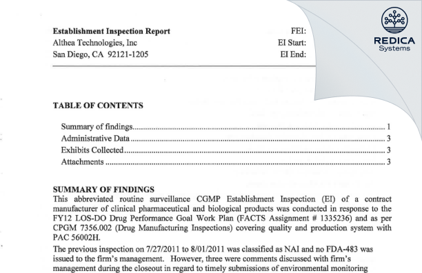 EIR - Ajinomoto Althea, Inc. [San Diego / United States of America] - Download PDF - Redica Systems
