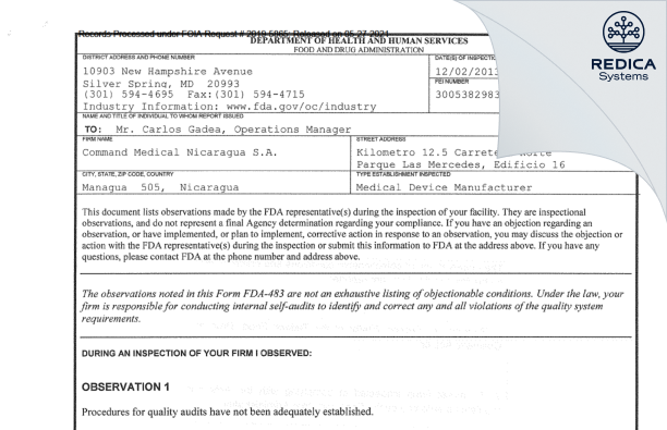 FDA 483 - Command Medical Products Nicaragua S.A. [Managua / Nicaragua] - Download PDF - Redica Systems