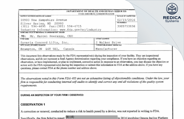 FDA 483 - Savaria Concord Lifts, Inc. [Brampton / Canada] - Download PDF - Redica Systems