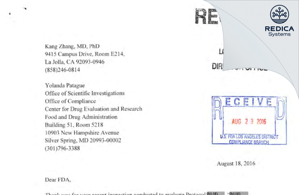FDA 483 Response - Kang Zhang, M.D., Ph.D. [La Jolla / United States of America] - Download PDF - Redica Systems