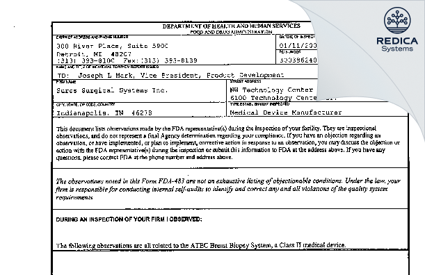FDA 483 - Hologic, Inc. [Indianapolis / United States of America] - Download PDF - Redica Systems