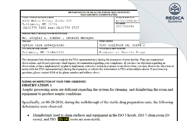 FDA 483 - Option Care [Columbia / United States of America] - Download PDF - Redica Systems