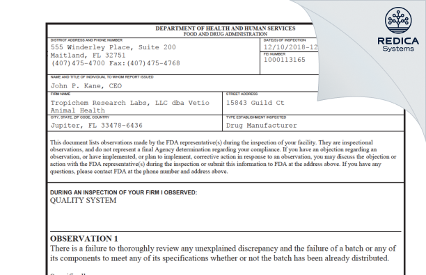 FDA 483 - Tropichem Research Labs, LLC dba Vetio [Florida / United States of America] - Download PDF - Redica Systems