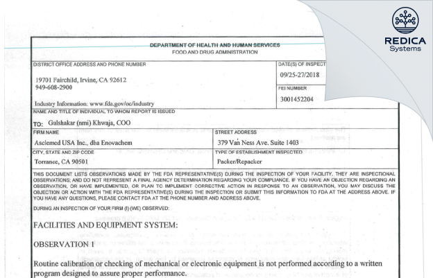 FDA 483 - ASCLEMED USA INC. DBA ENOVACHEM [Torrance California / United States of America] - Download PDF - Redica Systems