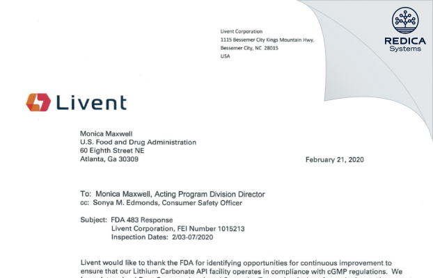 FDA 483 Response - LIVENT USA CORP. [Bessemer City / United States of America] - Download PDF - Redica Systems