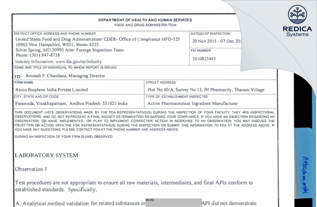FDA 483 - AZICO BIOPHORE INDIA PRIVATE LIMITED [- / India] - Download PDF - Redica Systems