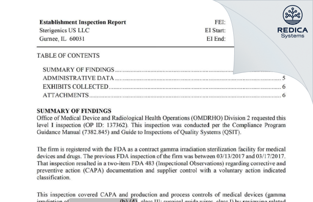 EIR - Sterigenics U.S., LLC [Gurnee / United States of America] - Download PDF - Redica Systems
