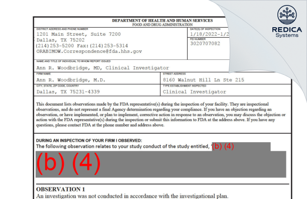 FDA 483 - Ann R. Woodbridge, M.D. [Dallas / United States of America] - Download PDF - Redica Systems